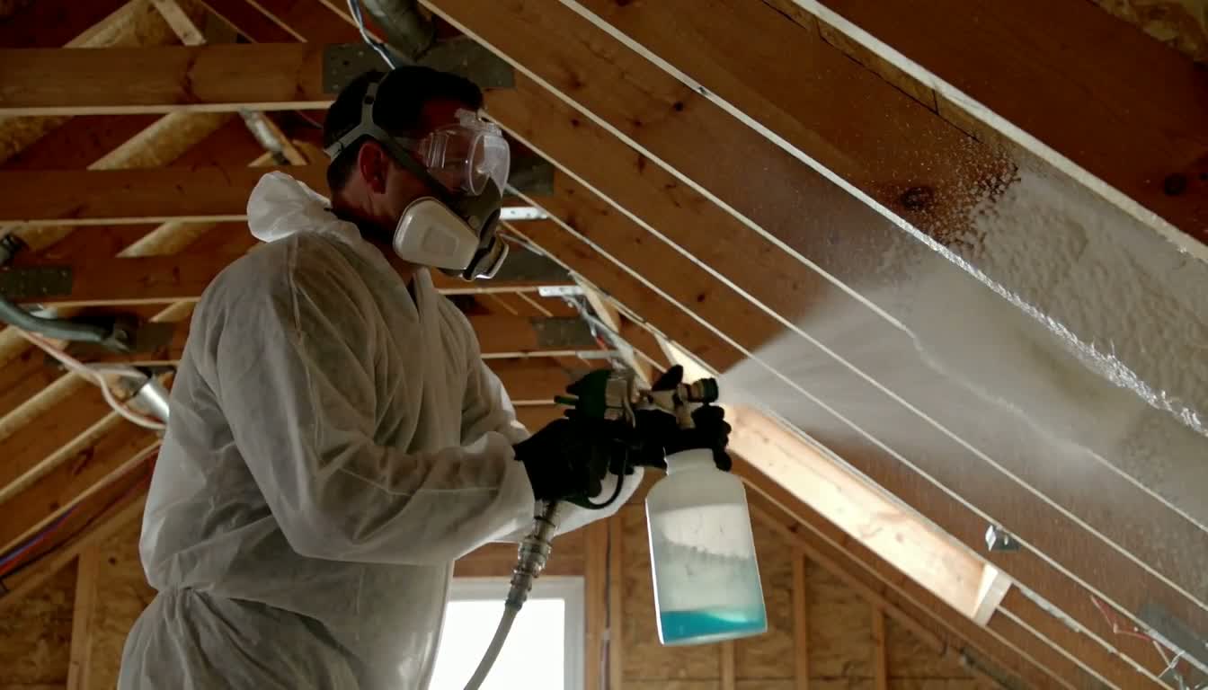 Worker in protective suit and respirator spraying foam insulation onto an attic ceiling project showcase
