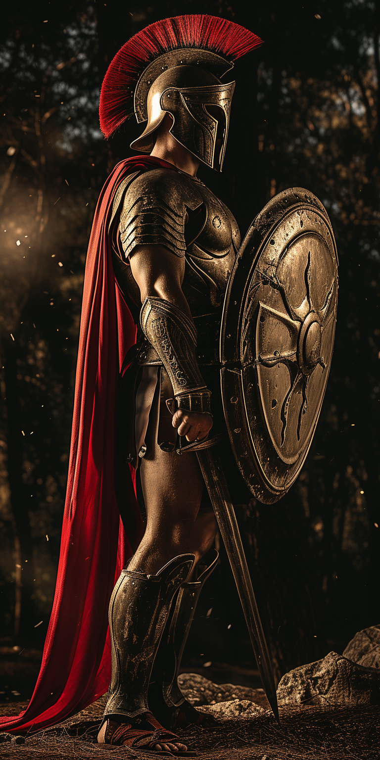 Spartan warrior standing with shield and crimson cape