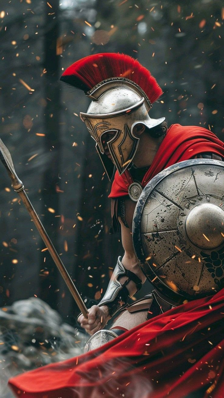 Spartan warrior in battle stance with shield and spear