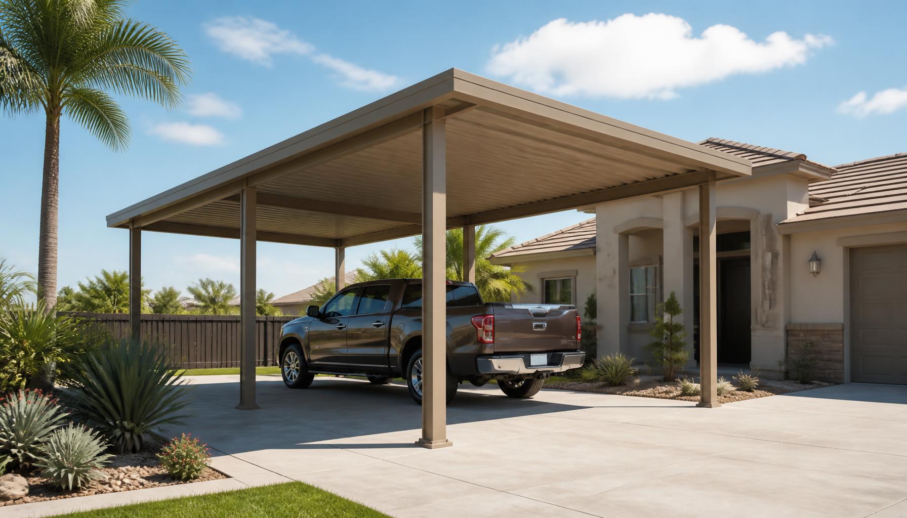 Modern residential metal carport covering a concrete driveway