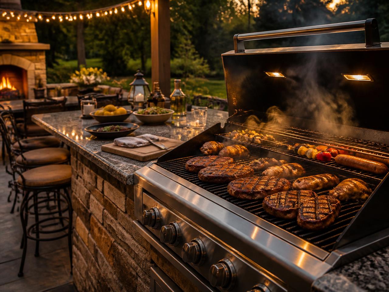 Outdoor kitchen with steaks, chicken, and sausages searing on a built-in grill at dusk