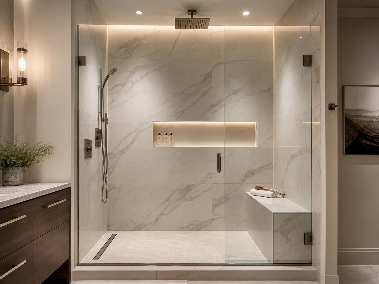 Luxurious modern walk-in shower with glass enclosure and marble-look tile